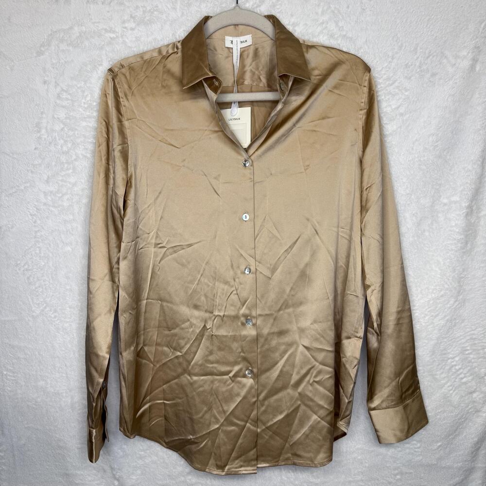 LILYSILK Shirt Womens Medium Beige Light Camel 100% Silk Button Front Top - Flaw - Picture 2 of 16